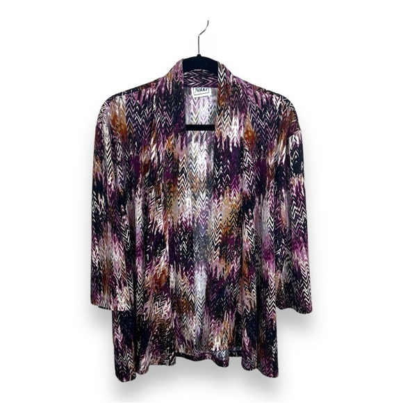 XL VINTAGE NIKKI SHRUG BLOUSE TOP PURPLE BEIGE WHITE LONG SLEEVE OPEN FRONT - Picture 1 of 10